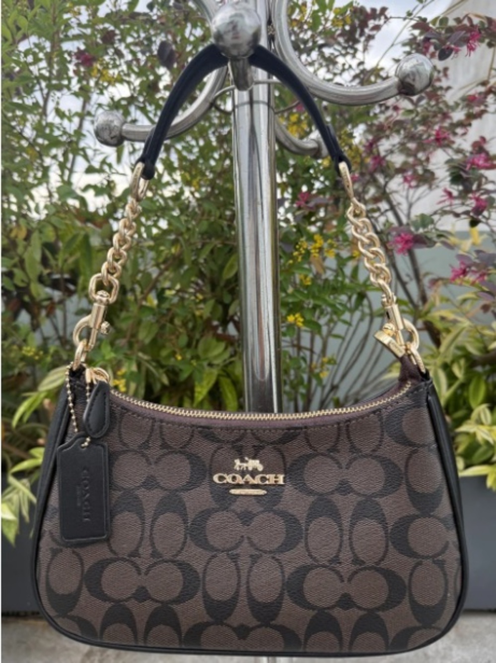 Coach Brown Signature Canvas Shoulder Bag with Gold Chain Accent
